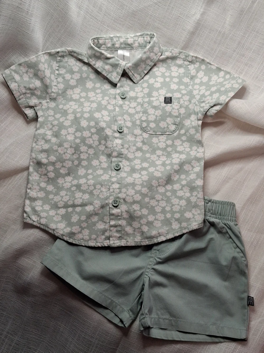 Baby Floral Button-Up Shirt and Solid Shorts - Mint Green